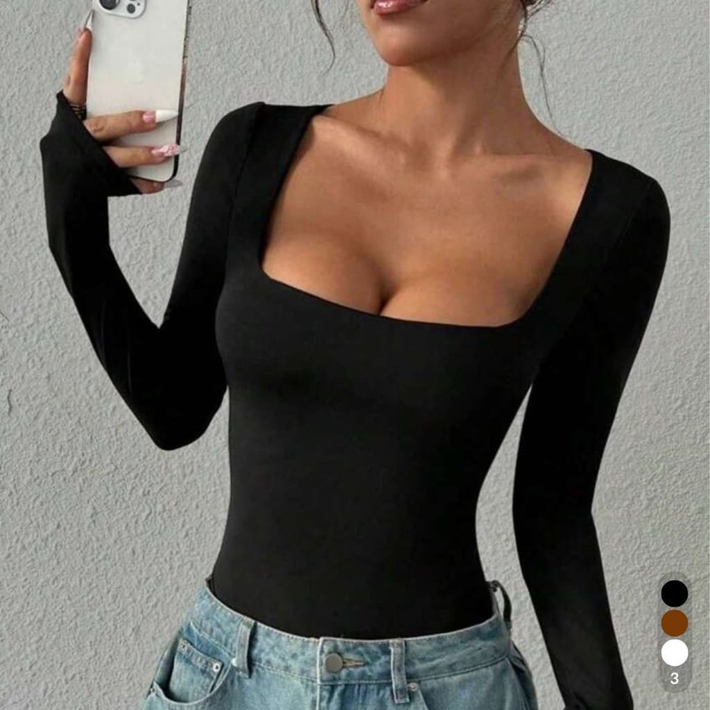 Body Feminino Body Manga Longa Feminino Decote Quadrado Body Moda Gringa Suplex Body Preto Body Marrom