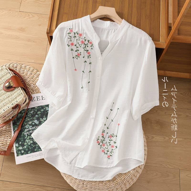 Tamanho grande algodão linho arte Retro bordado camisa feminina manga curta solta bordado tamanho grande camisa feminina