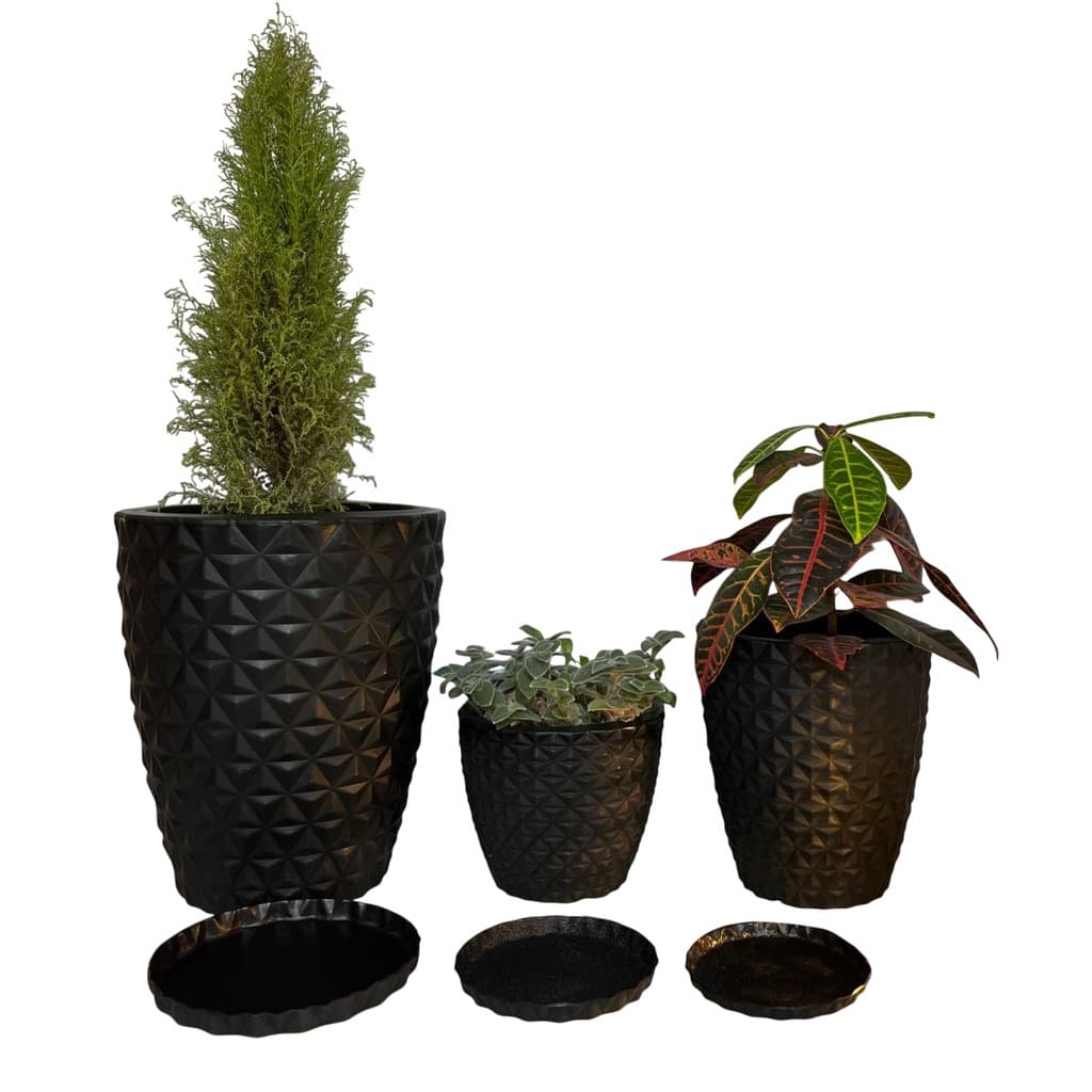 KIt 3 Vasos Decorativos Polietileno Luxo P/ Plantas e Flores Vasos Coluna Diamante N°1, N°2 + Bojo Diamante N°0 + Pratos