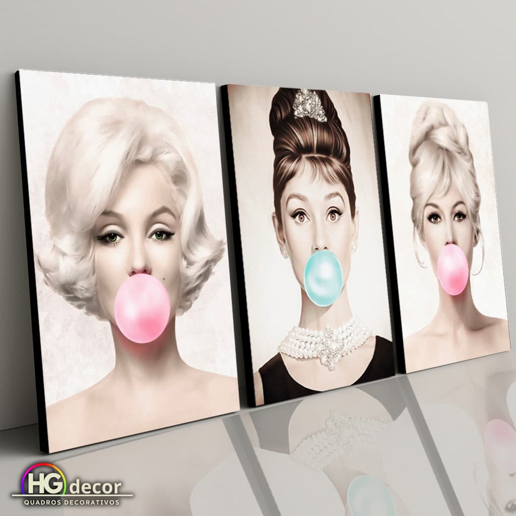 Kit 3 Quadros Decorativos Mulheres Vintage Chiclete Pop Art Retrô Glam