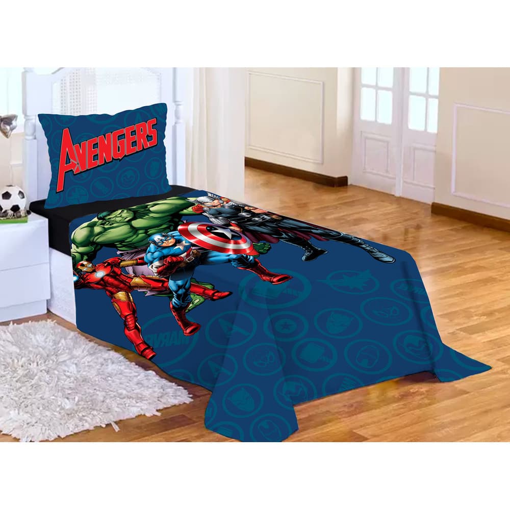 Kit Jogo de Cama Infantil Menino Lençol sem elástico Solteiro  + Fronha Tema Super Herois Avengrs