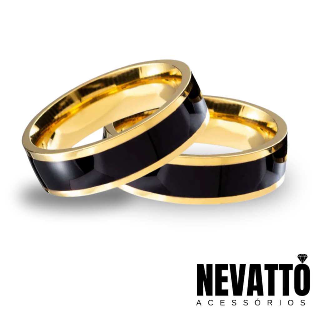 Par Aliança Com Friso Preto Titânio banhada A Ouro 18K 6mm - Noivado Casamento Namoro