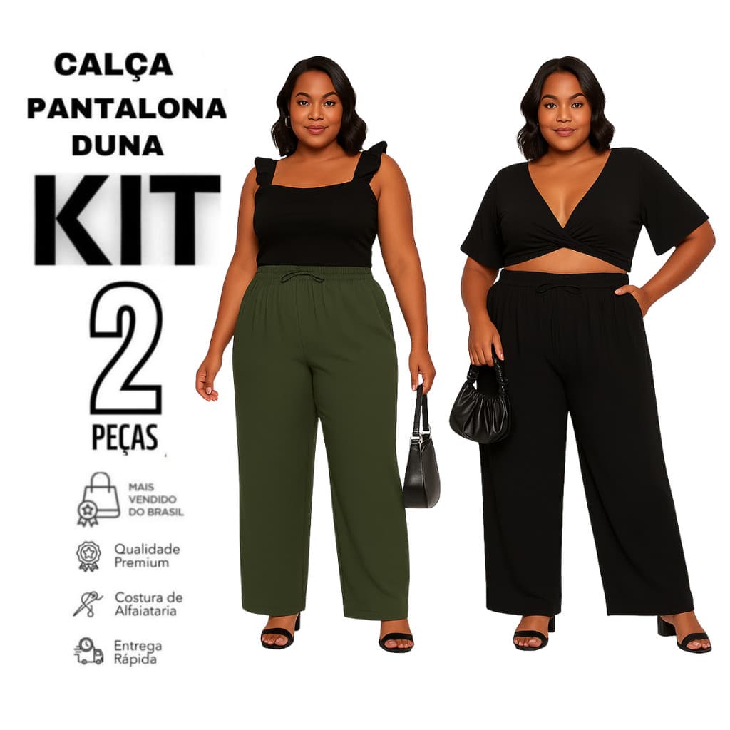 Kit 2 Calça Pantalona Plus Size Duna Com Bolso Elástico Na Cintura