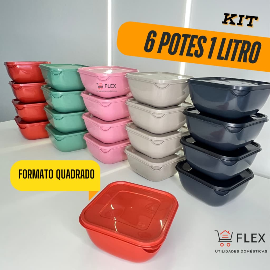 Conjunto de 6 Potes Plásticos Quadrados 1L com Tampa – Organizadores de Alimentos