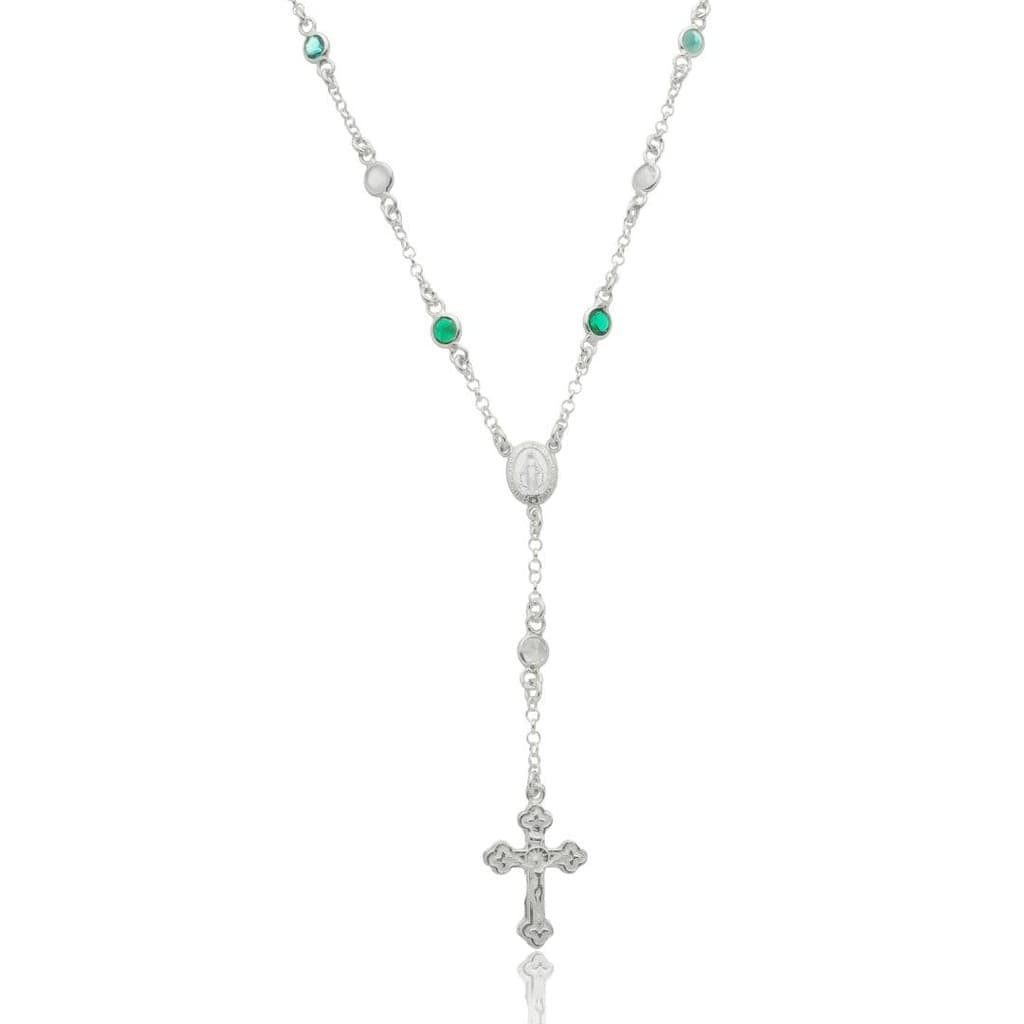 Colar Terço Feminino Prata 925 com Zircônias Coloridas Nossa Senhora das Graças e Cruz 45cm