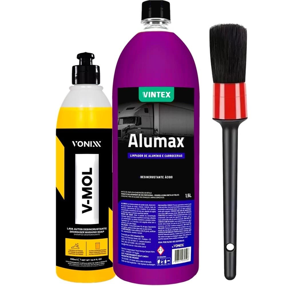 Kit Limpeza Pesada V-mol Shampoo 500ml Vonixx Desincrustante Alumax Limpador 1,5l Vintex Pincel Externo Oferta Especial