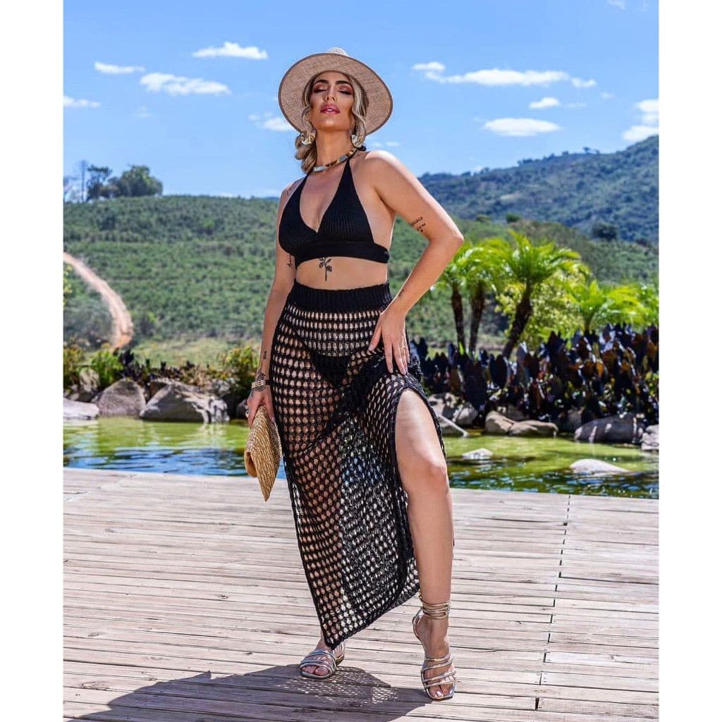 Saia Longa Saída de Praia em Tricot Crochê Moda Feminina Tendencia Verão