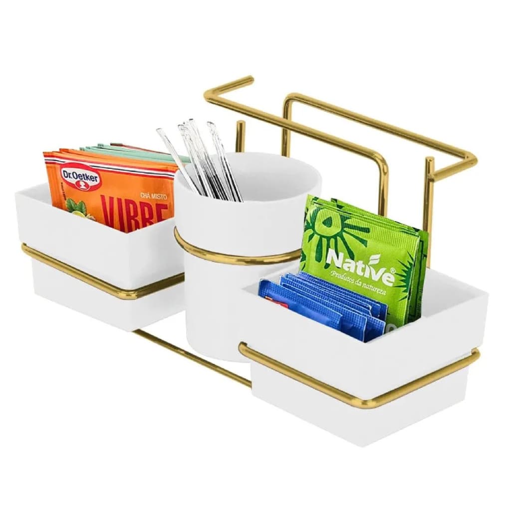 Suporte Porta Guardanapo Sachês Açúcar Chá Mexedor Adoçante Cor Branco Dourado