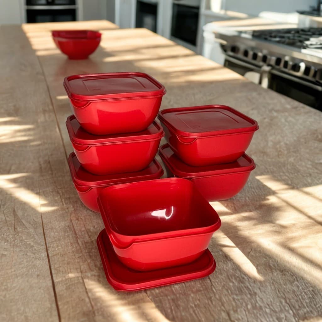 Kit 6 Potes Plásticos Vermelhos Marmita 1 Litro Vasilha Com Tampa Comida Congelar Refeição Quadrados