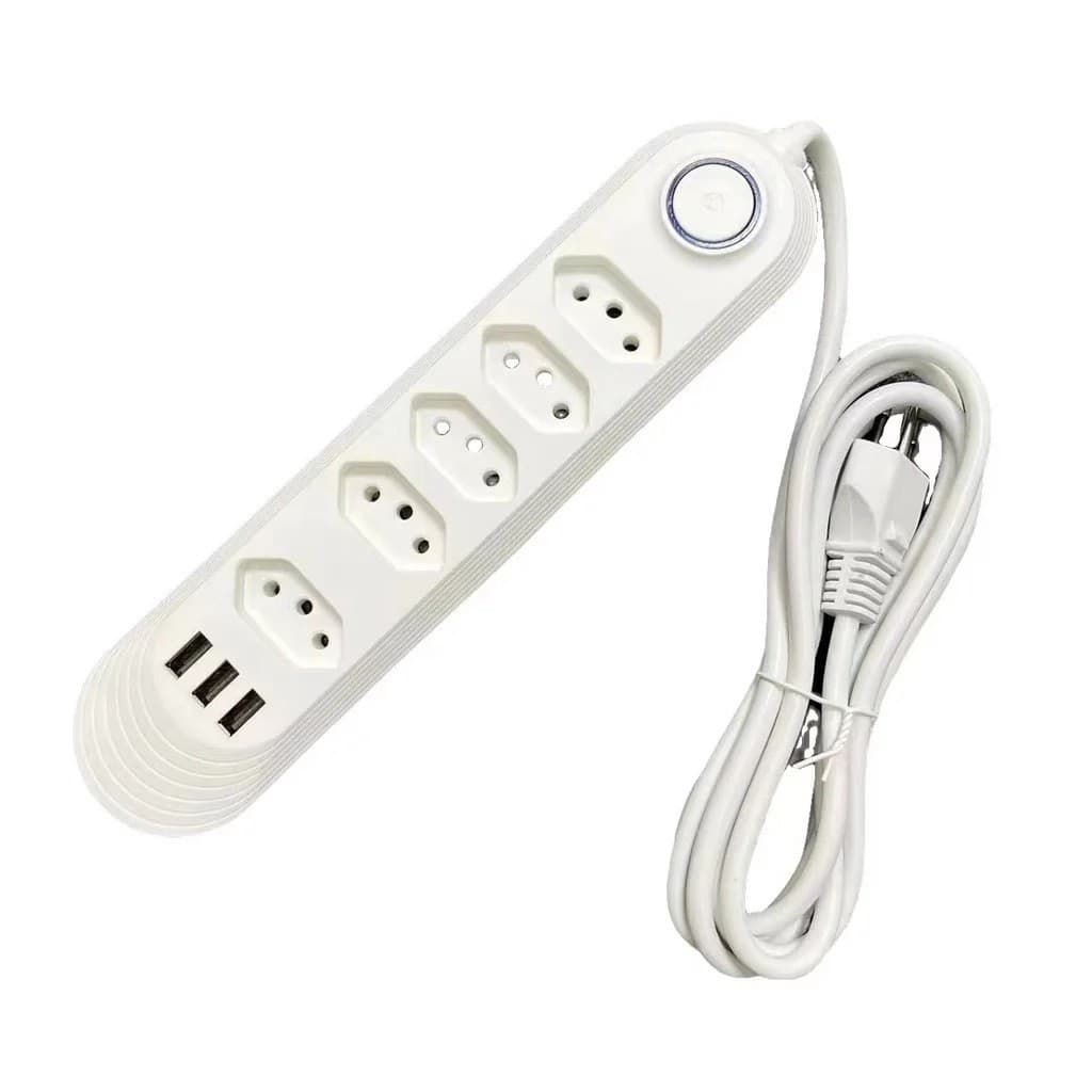 Régua Filtro de Linha Extensão de Tomada 5 Tomadas de 3 Furos e 3 Usb Filtro ..de Linha com Cabo de 2,M Bivolt