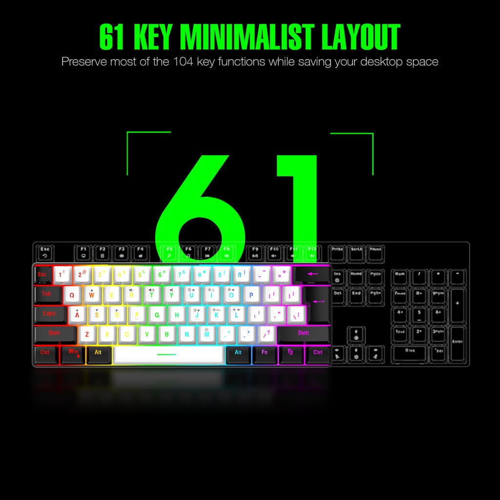 Teclado com retroiluminação RGB com fio de 61 teclas Interface USB-C Compacto para jogos e uso no escritório