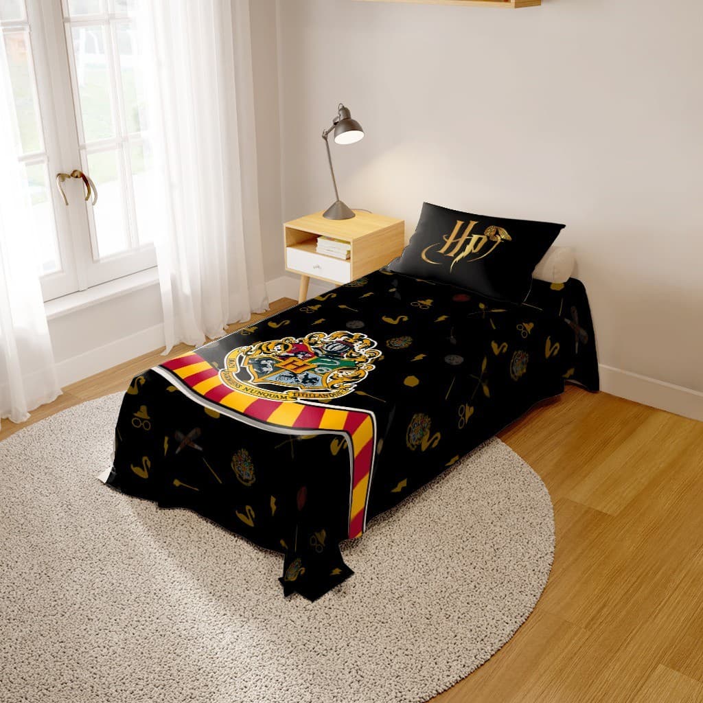 Kit Jogo de Lençol Infantil Casa de Bruxos Cobre Leito + Fronha Quarto Mágico Decorado
