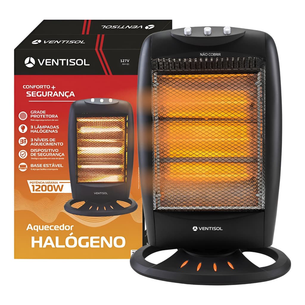 Aquecedor Portátil Halógeno Residencial Preto 127v e 220v Ventisol