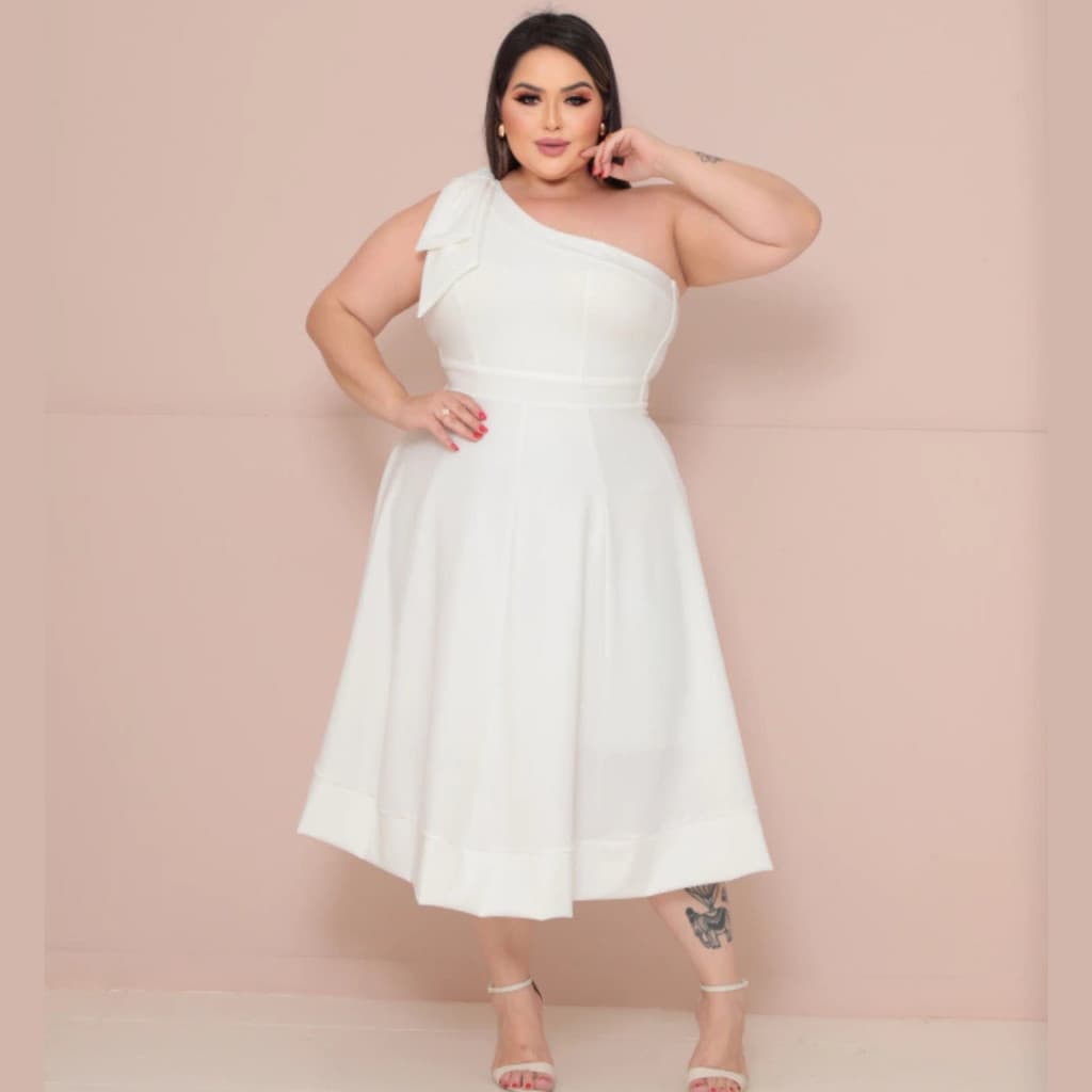 Vestido Midi Branco Plus Size Elegante Casamento Civil Batizado Cerimônia Especial