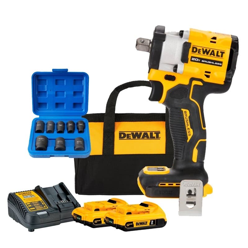 Chave de Impacto 1/2" a Bateria 20v Dewalt DCF922D2-BR com 2 Baterias 2Ah Carregador Bivolt + Jogo de Soquete 8 pecas