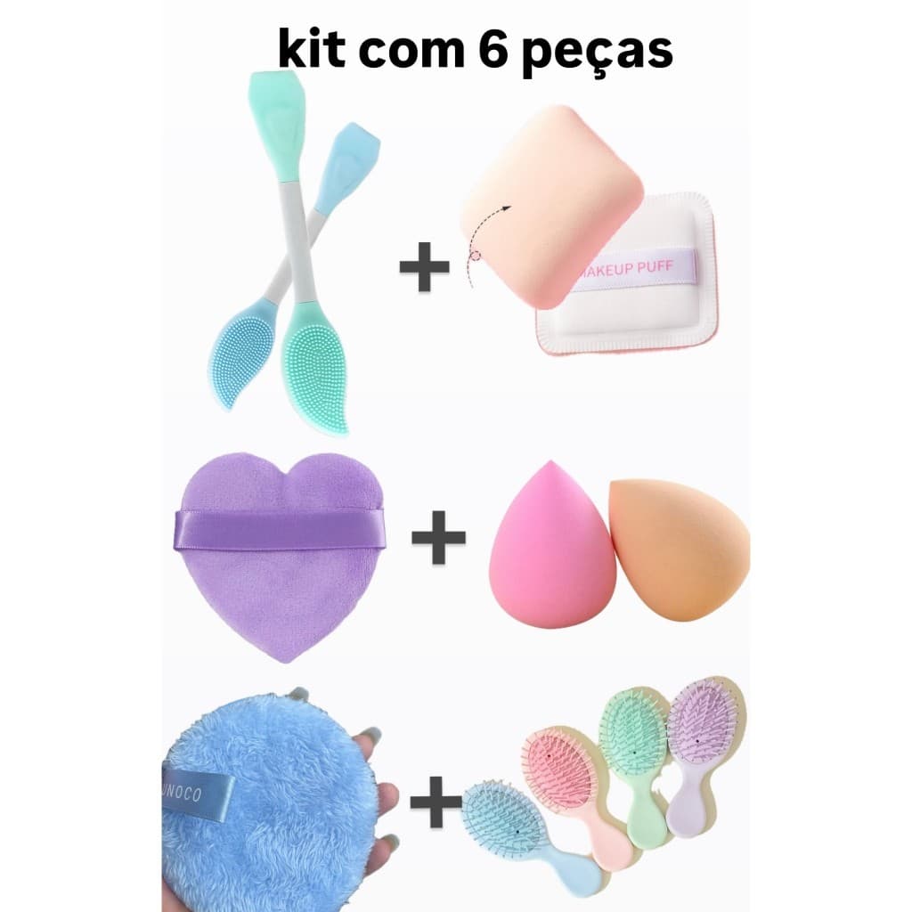 KIT 6 Peças - Esponjas, Puffs, Pincéis e Escova | Maquiagem e Skincare