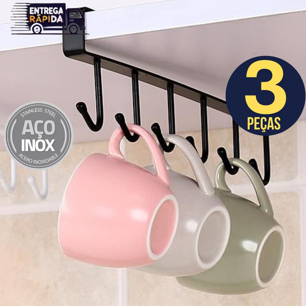Suporte de Metal p/ Xícaras, Canecas e Utensílios – Kit 03 Peças p/ Pendurar no Armário sem Furadeira