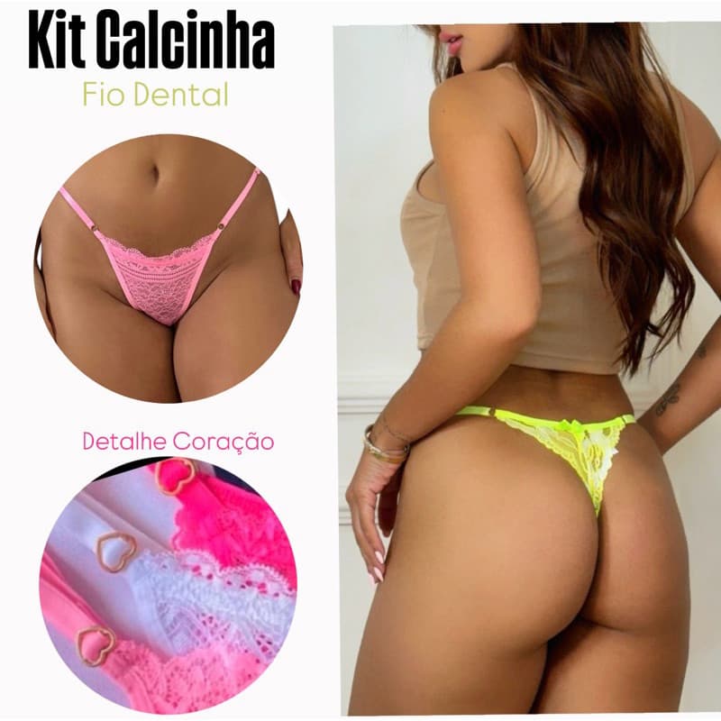 Kit 5 calcinhas fio dental regulagem renda com detalhe de coração sensual