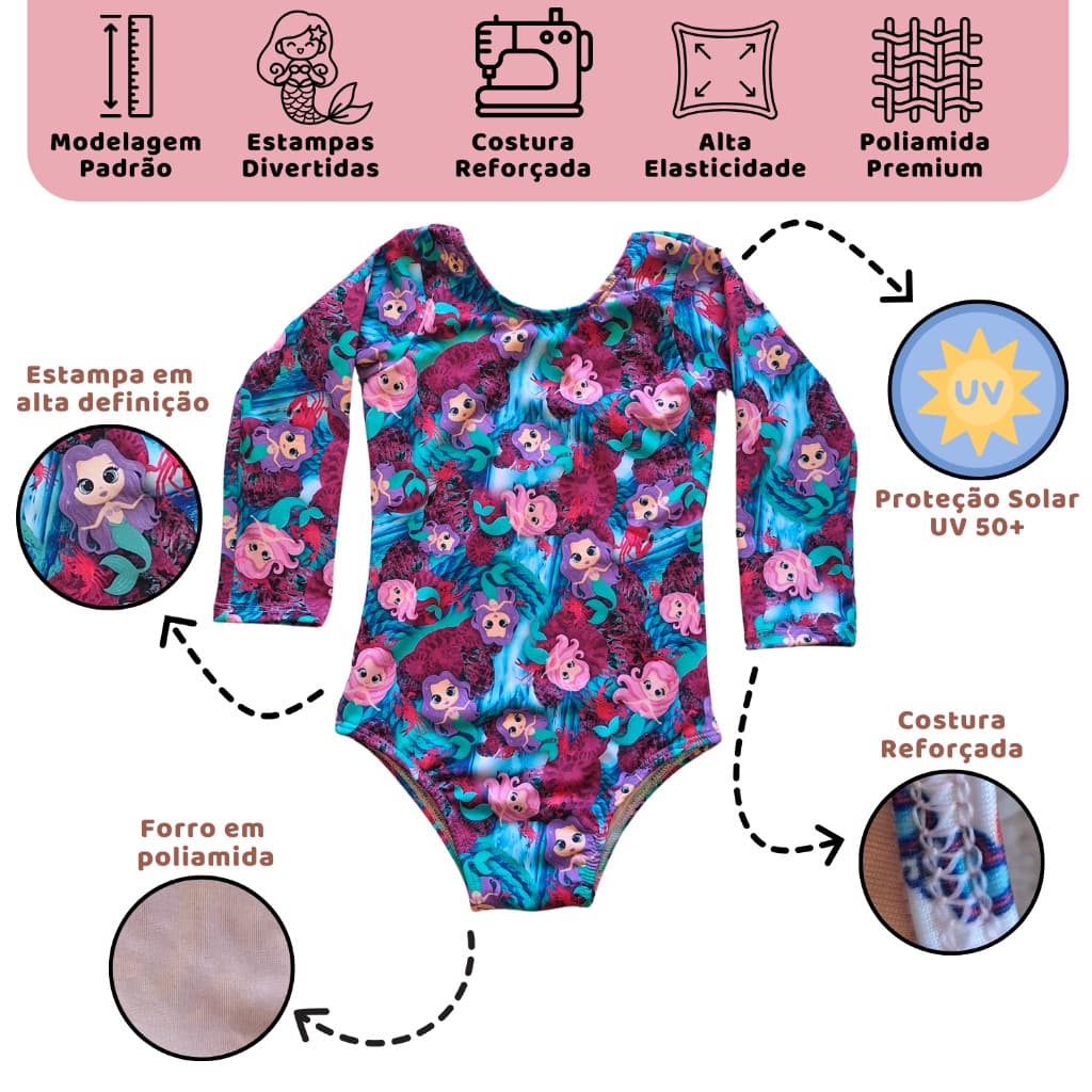 Maiô Manga Longa Infantil Estampado com forro - Biquíni Moda Praia (2 a 8 anos)