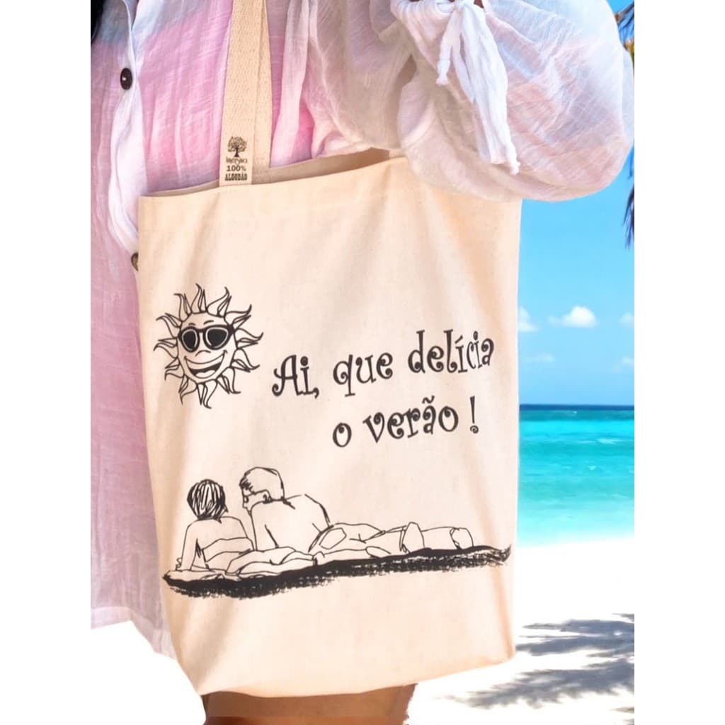 Bolsa Sacola Ecobag Tecido 100% Algodão Cru Artesanal Moda Praia Ecológica Verão Praia Sol Mar Verão