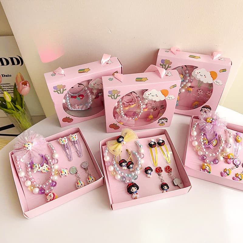 Caixa De Presente De Jóias Das Crianças Princesa Colar Brincos Anel Bolsa Menina Acessórios Para O Cabelo Conjunto Laços