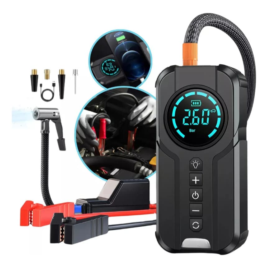 Mini Compressor de Ar Portátil com Power Bank Enche Pneus Carrega Celular 12V Recarregável POP YO