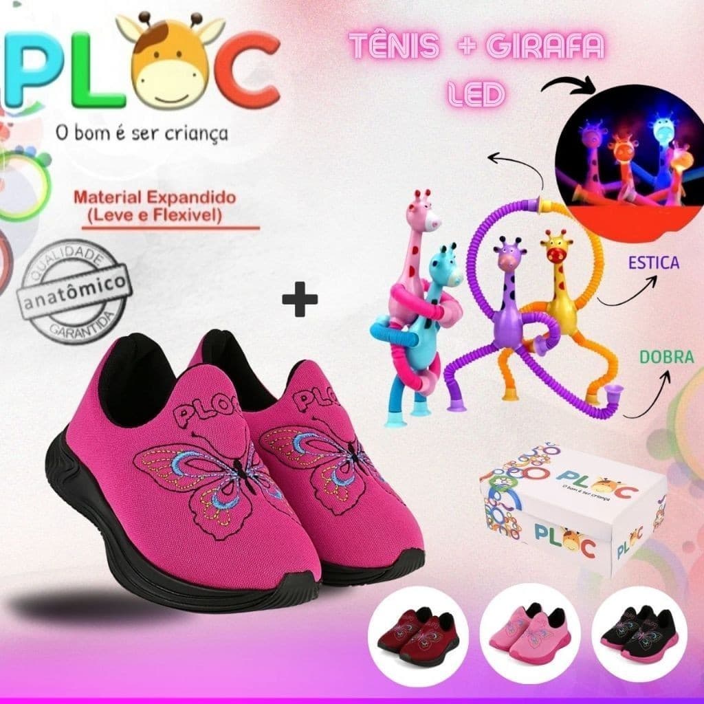 Kit Divertido Ploc : Tênis Borboletas Jogging Ploc + Girafa Led Sortida MENINA