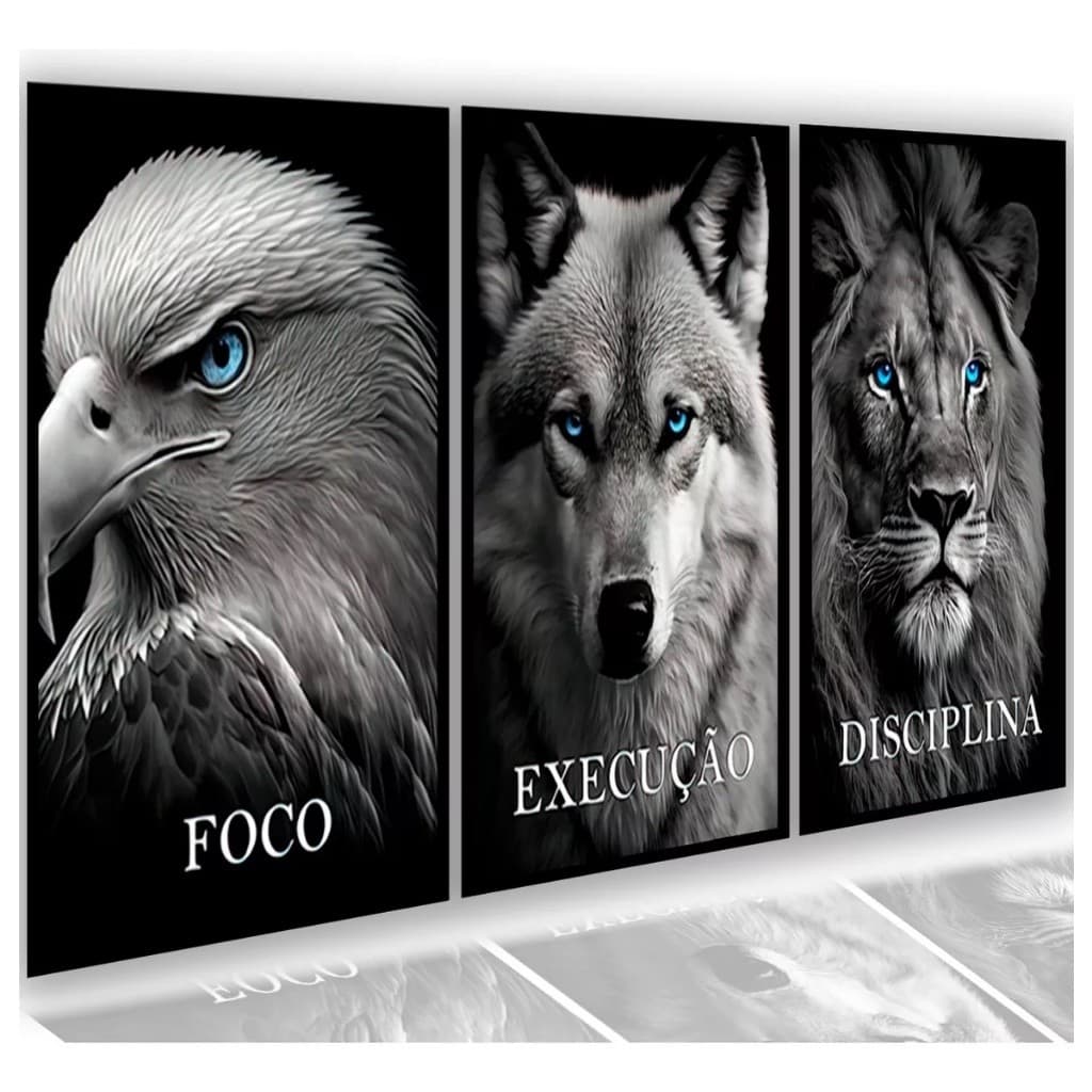 Quadros Decorativos Leão Águia Disciplina Motivação 3 Peças