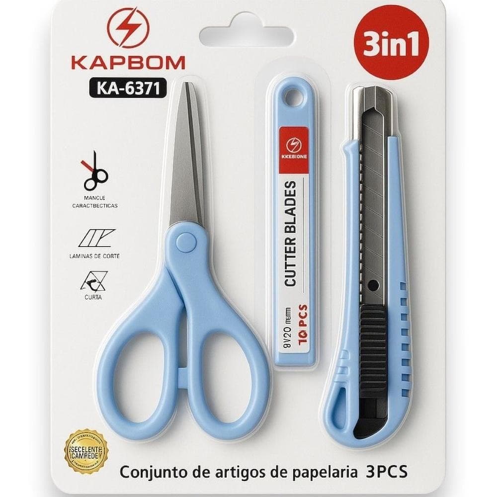 Kit 3 em 1 Papelaria Tesoura Estilete Laminas Cortar Corte - Portal Presentes