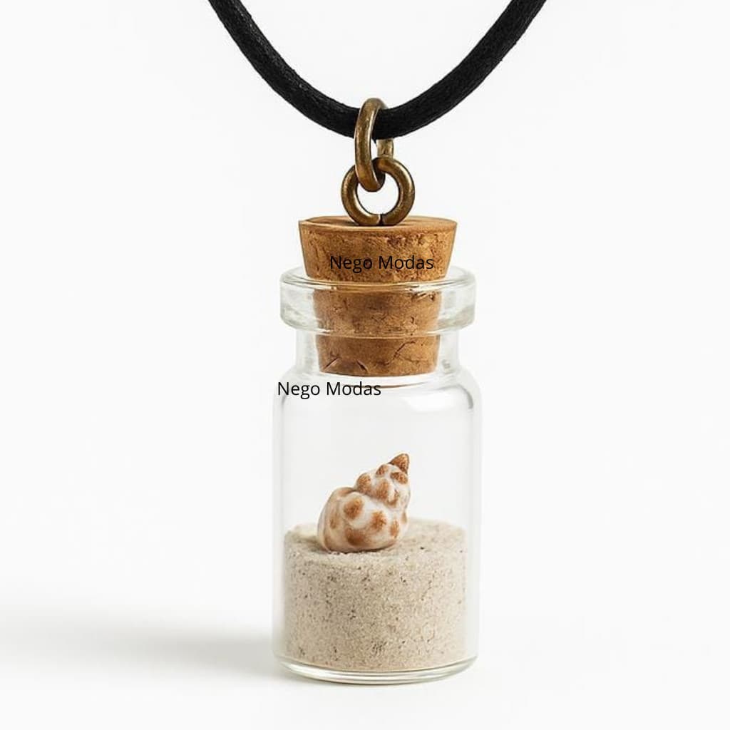 Colar Areia de Praia Potinho de Vidro Artesanal Quartzo Rosa Hematita Ciantra Mini Garrafinha