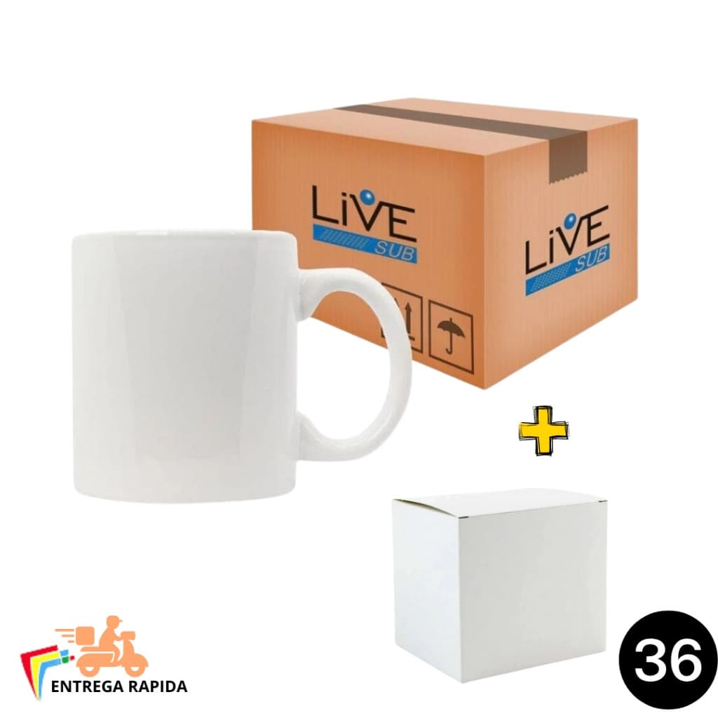 36 Unidades Canecas Brancas Porcelana Livesub Sublimação 325ml - Premium + caixinha