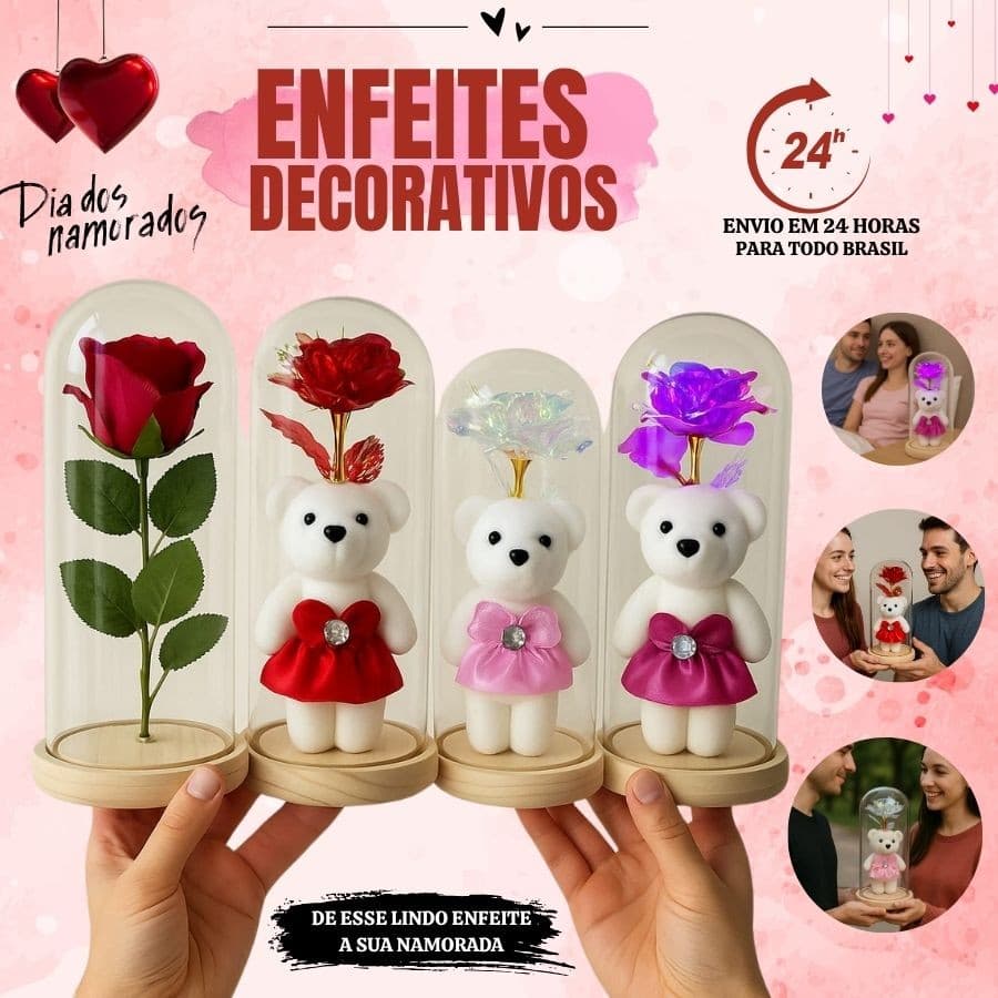 Urso de Pelúcia Com Luz De LED Urso Branco Com Luz de LED E Ursinho + Rosas Com Luz De LED