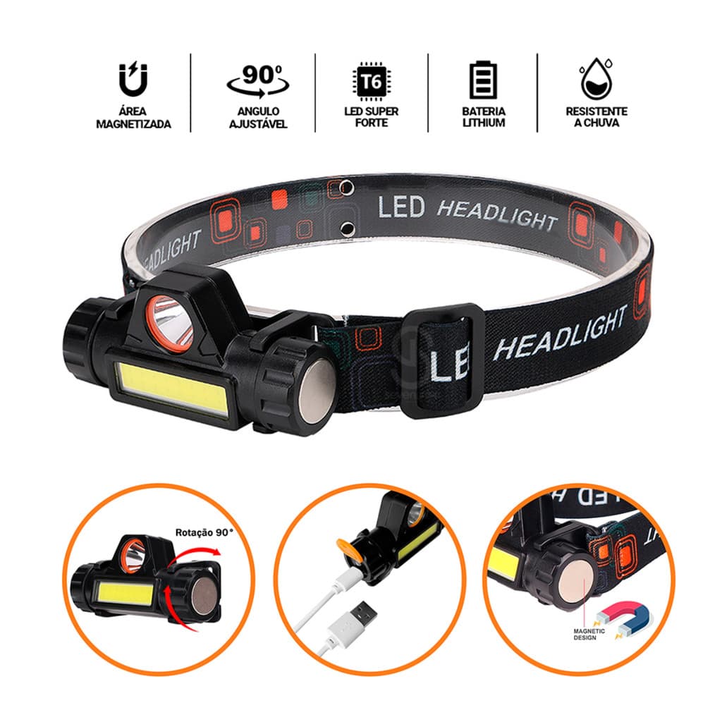 Lanterna cabeça capacete recarregável 2 led com imã resistente a chuva