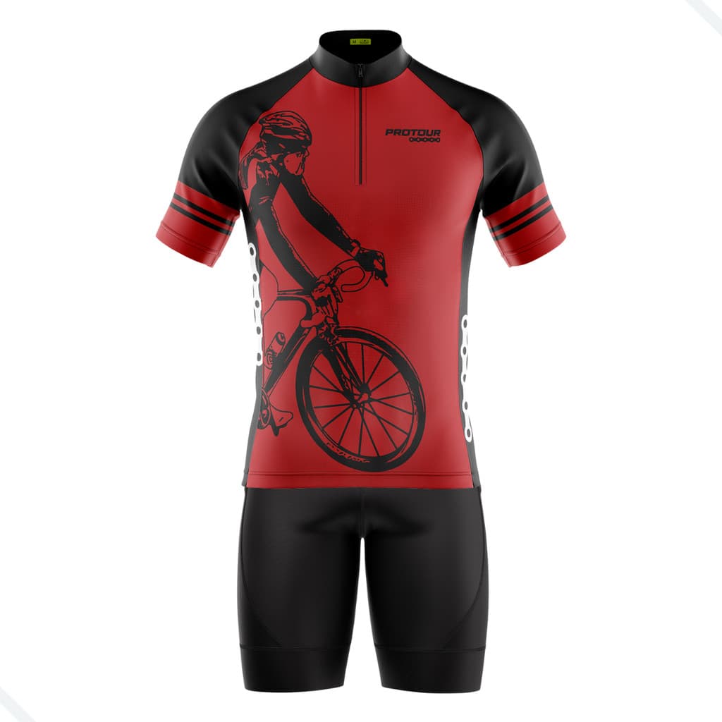 CONJUNTO CICLISMO BERMUDA E CAMISA PRO TOUR RODA VERMLEHO COM BOLSOS UV 50+