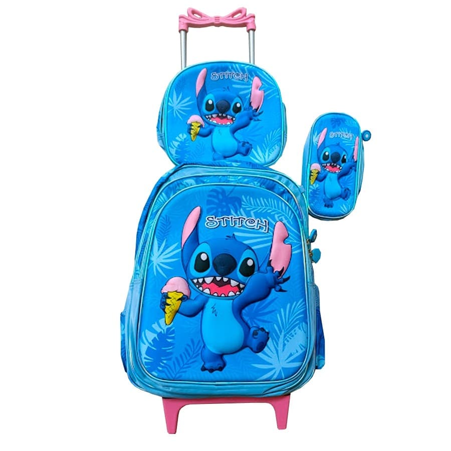 Kit Mochila Stitch 3D Azul Bebê  com Rodinhas + Lancheira Térmica + Estojo Escolar Alto Relevo
