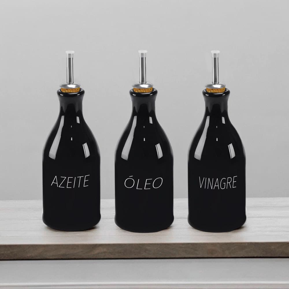 Kit 3 Garrafas Porcelana Preta 270 ml Decoradas Azeite Vinagre e Óleo
