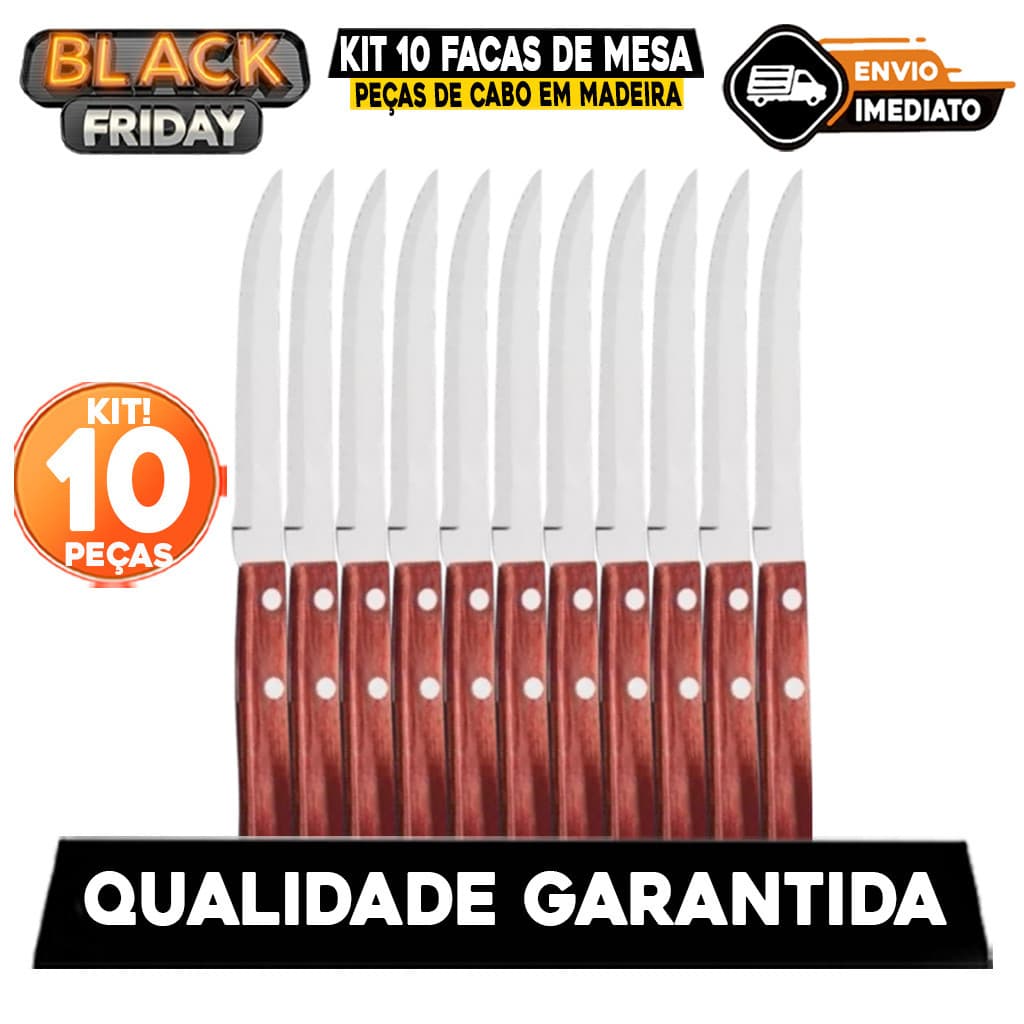Kit 10 Facas de Mesa  Inox Cabo em Madeira Ponta Fina Jogo p/ Casa Restaurantes Churrascaria Cozinha