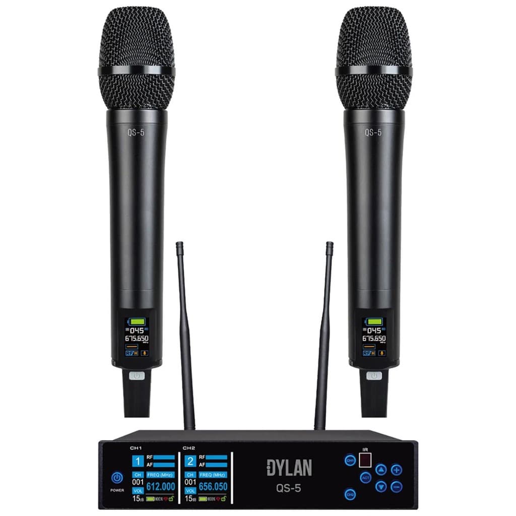 Microfone Duplo Sem Fio Profissional Cardiode Dinamico Audio Vocal Banda Evento Igreja Dylan Uhf QS-5 Bateria Recarrevel