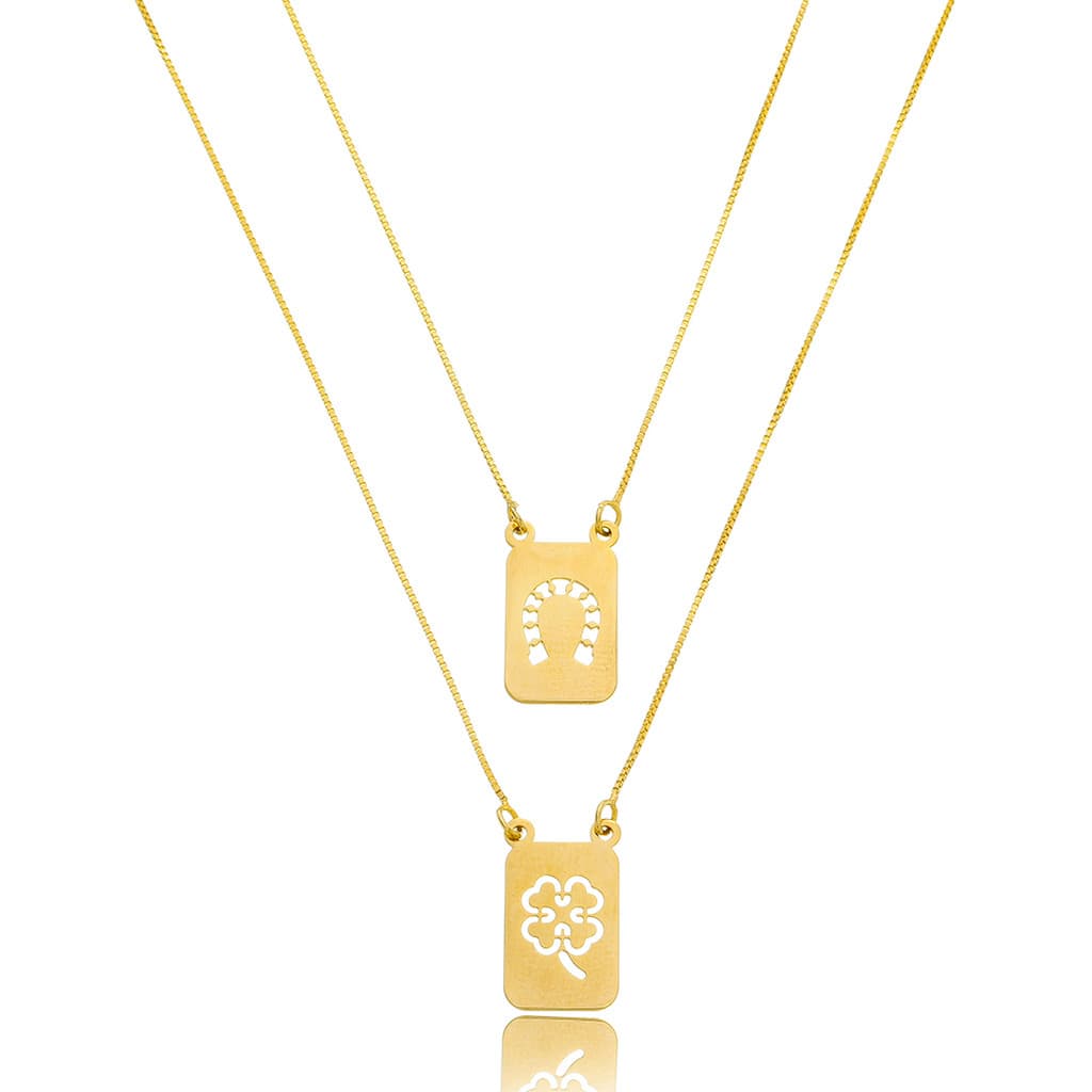 Colar Escapulário Trevo E Ferradura Prata Banhado a Ouro 18K - 60cm