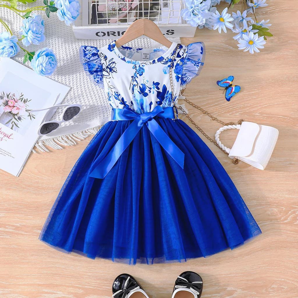 Vestido de Renda Infantil Menina 3-7 Anos Manga Curta Estampado c Cinto Decorativo Azul