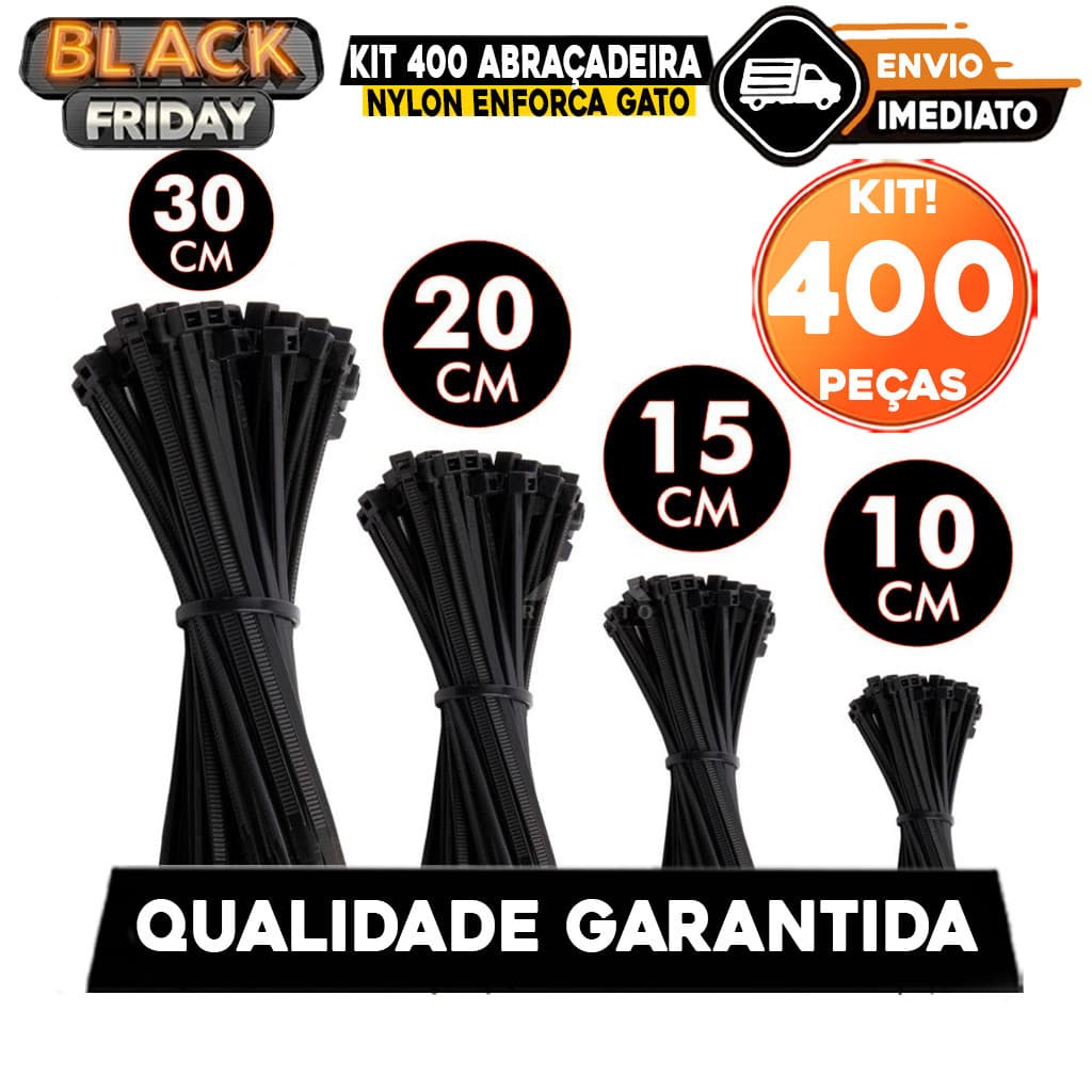 Kit 400 Abraçadeira de Nylon Enforca Gato Braçadeira Cintas Plásticas 10cm - 15cm - 20cm - 30cm - Preta | Branca