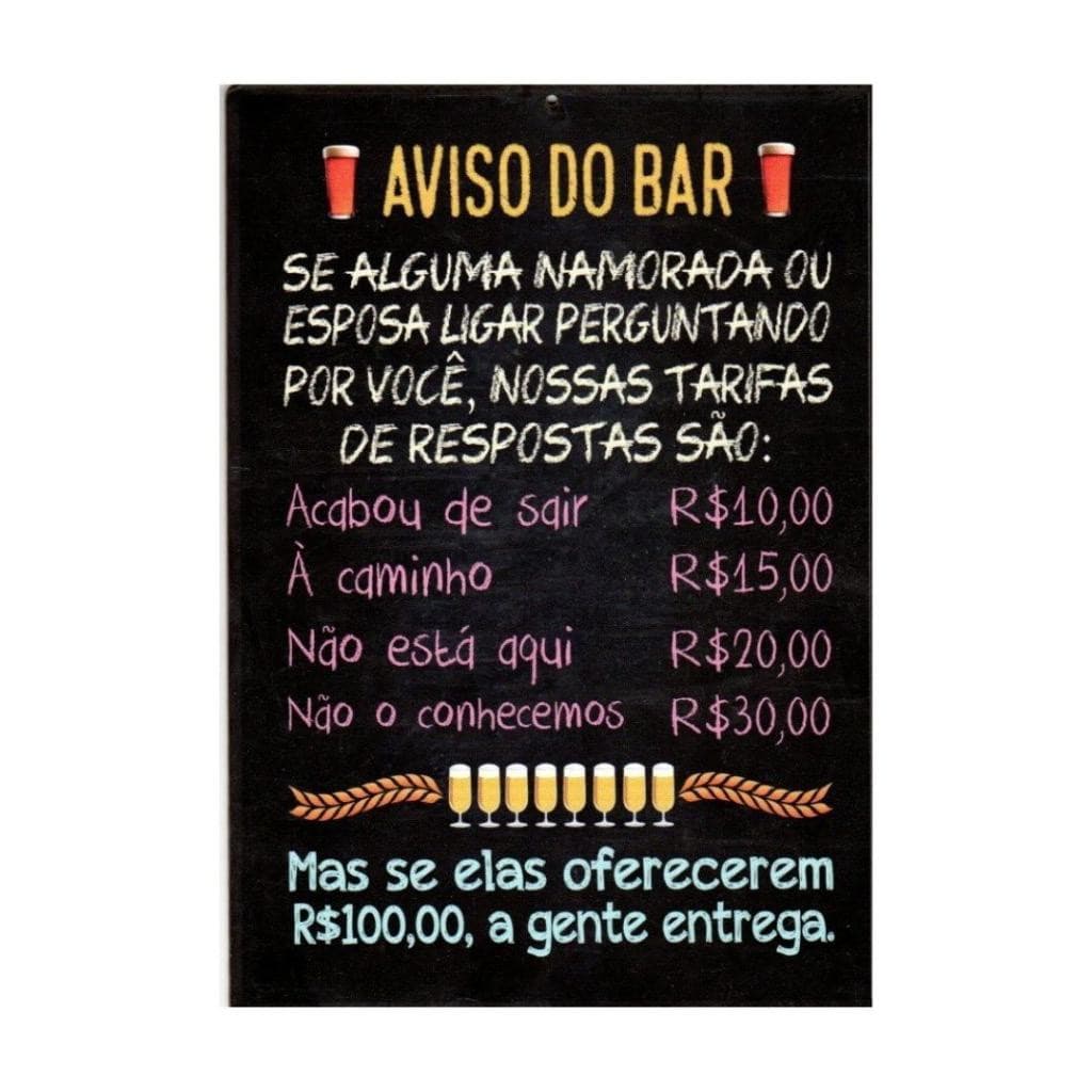 Placa Decorativa Humor Aviso Do Bar Choperia 20x30