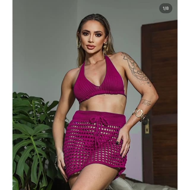Mini Saia Tricô Feminina Modelo Saída de Praia Crochê Moda Verão Charmilly Tricot