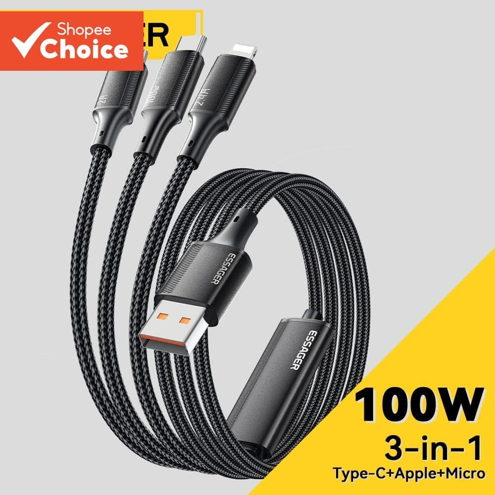 Essa Cabo De Carregamento Essager Tipo C Micro Ios Fsat 3 Em 1 Para Dados Huawei Samsung 7A 100W