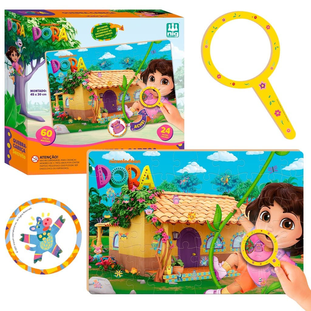 Jogo Pedagógico Quebra-Cabeça Secreto Dora Com 60 Peças E Lupa Para Exploração - Nig Brinquedos