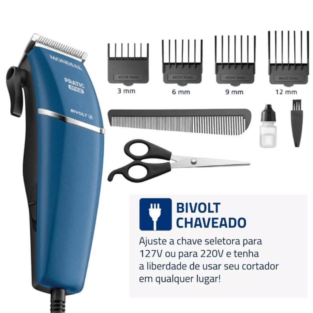 Maquina Maquininha de Cortar Cabelo Pelo Corpo Barriga Peito Braço Perna Mondial Bivolt + Acessórios