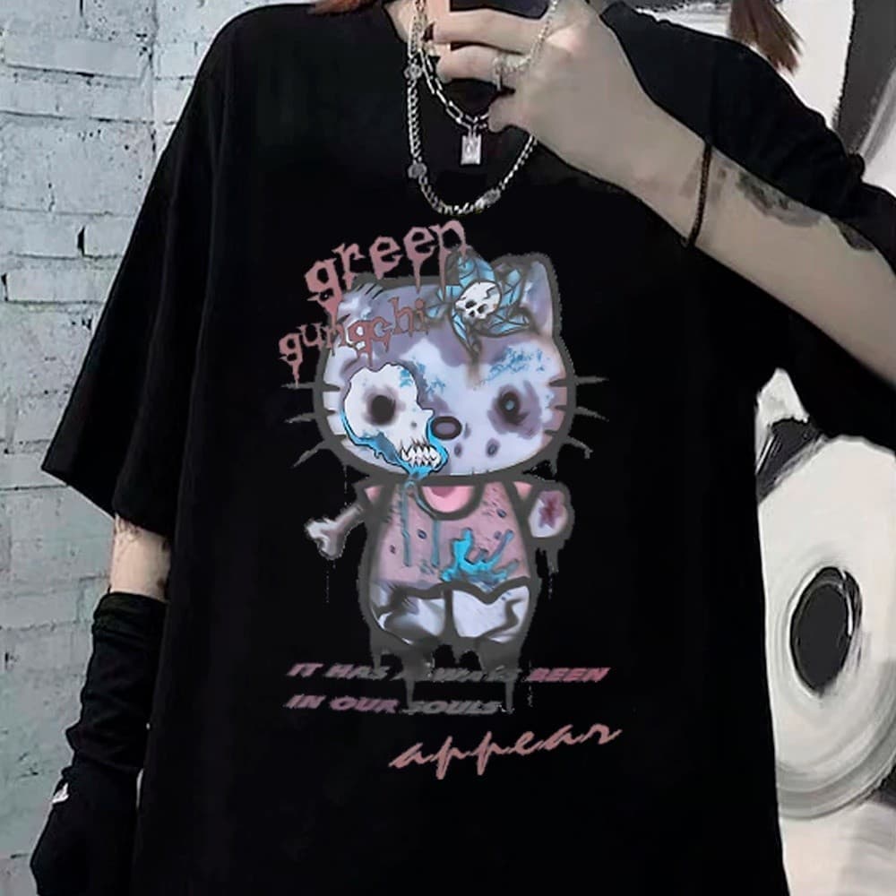 Camiseta Premium em Algodão PuroSISI Camiseta Basica Camisa Hello Kitty Desconfigurada Gotico Punk Horror Unissex