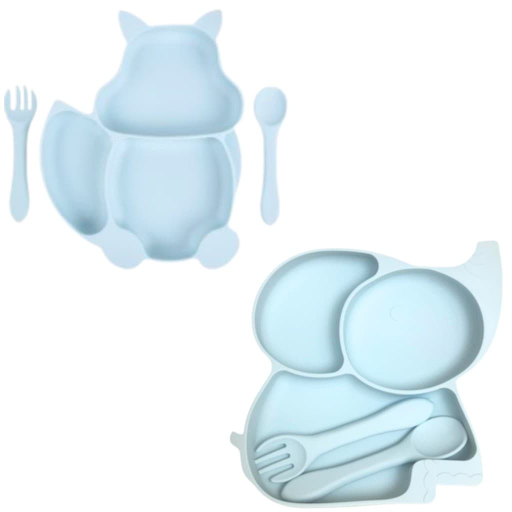Kit 02 Prato Infantil 4 Talher Silicone Ventosa Cor Bebê Gato e Elefante