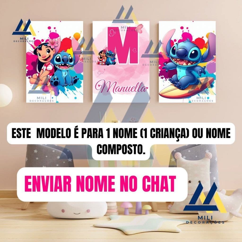 KIT QUADRO DECORATIVO   Lilo e Stitch  COM 3 PLACA PERSONALIZADA Nome Menina