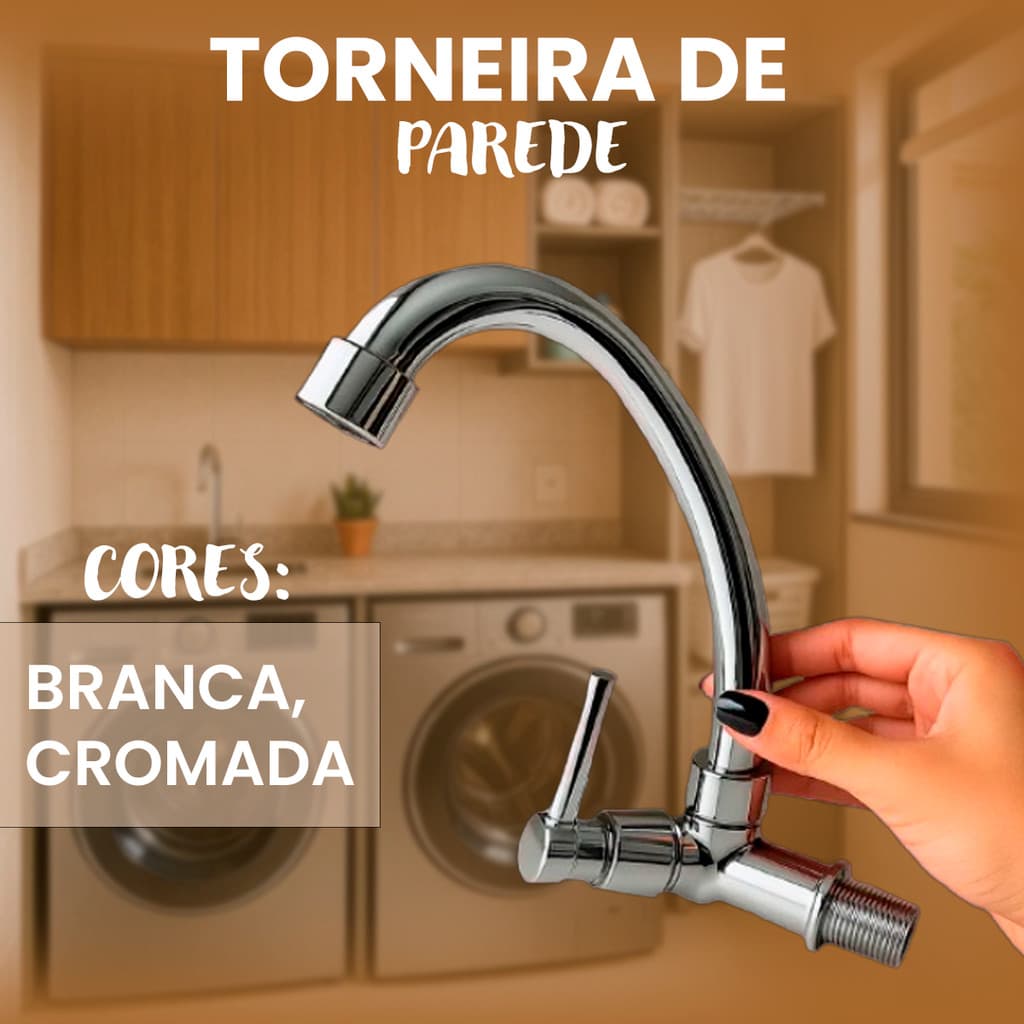 Torneira de Parede Cromada e Branca  Sistema 1/4 de Volta para Cozinha e Lavanderia
